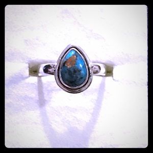 Blue copper streaked turquoise silver ring